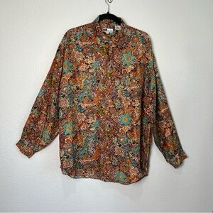 Abstract Silk Floral Button-Up Shirt | 90s Boho Retro Top L